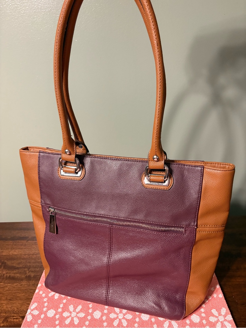 Tignanello Two-Tone Burgundy and Tan Leather Shoulder Bag